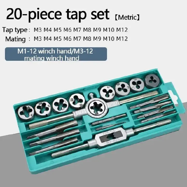 20-Piece Metric Tap and Die Set – M3–M12 Thread Cutting Tool Kit with Wrenches for Metal Repair & DIY