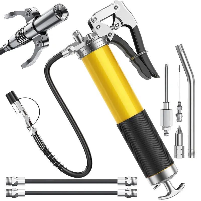 Heavy Duty Grease Gun Kit with Flexible Hose & Multiple Attachments - Professional Lubrication Tool for Automotive/Machinery