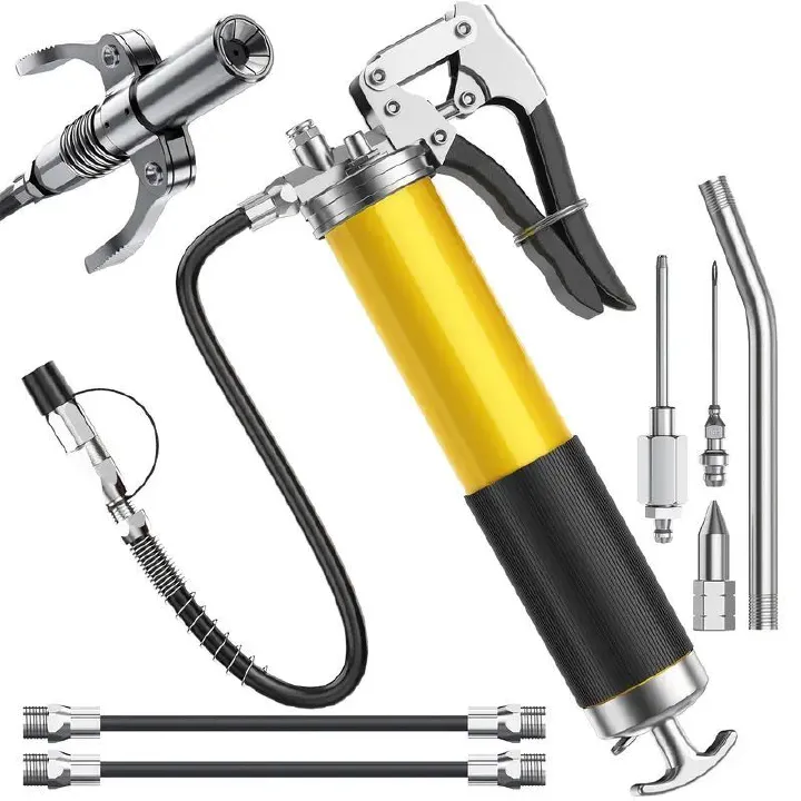 Heavy Duty Grease Gun Kit with Flexible Hose & Multiple Attachments - Professional Lubrication Tool for Automotive/Machinery