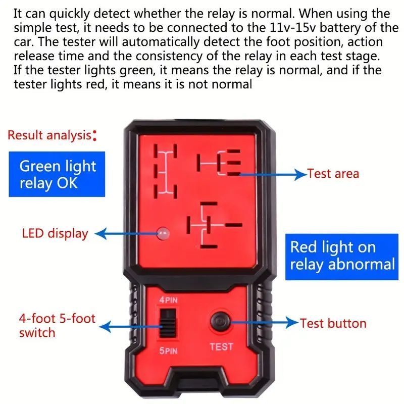 12V Car Relay Tester Universal Auto Circuit Diagnostic Tool LED Display 4/5 Pin - Quick Test Faulty Relays