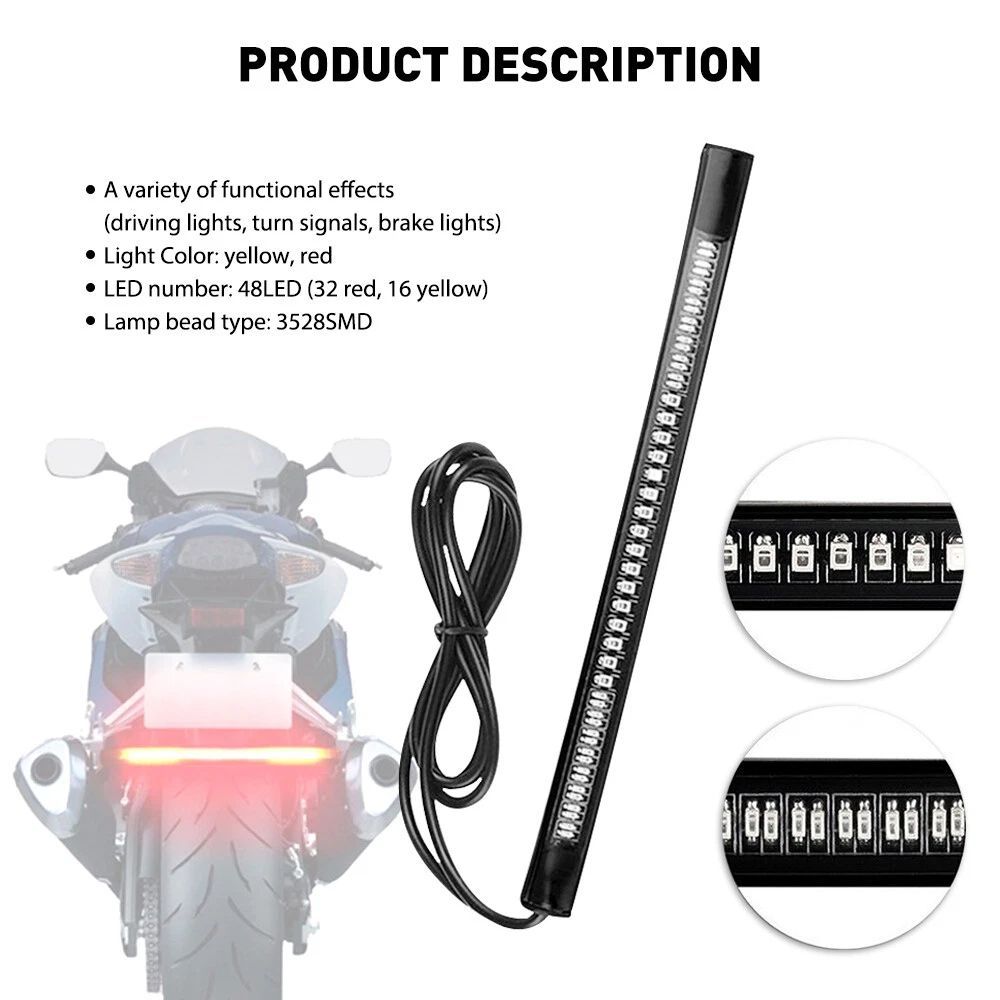 Motorcycle LED Strip Light Bar - Sequential Turn Signal & Brake Light 8 Inch Flexible Amber Red Tail Light Universal
