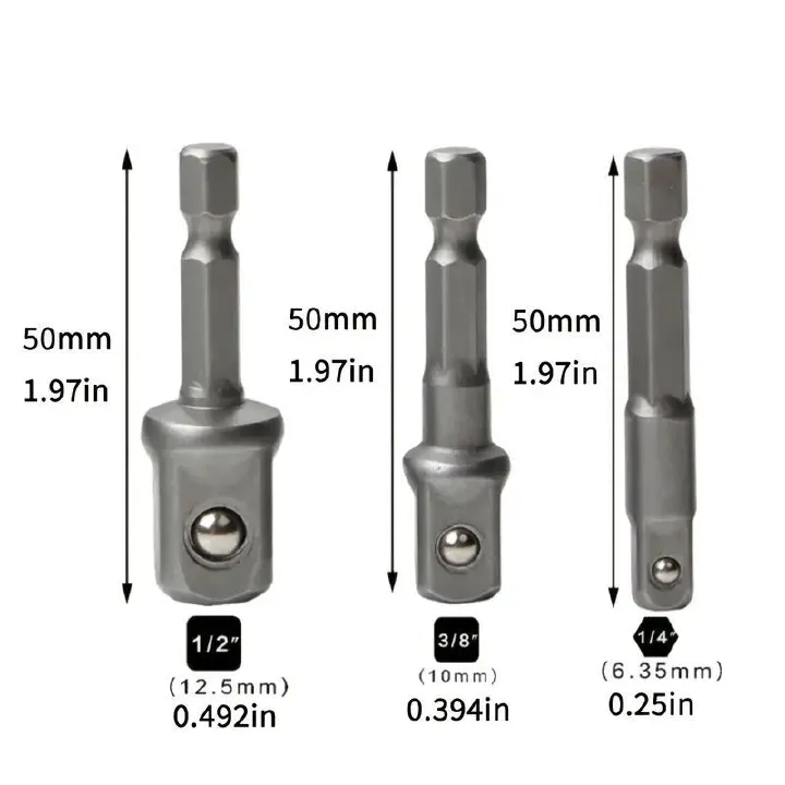 Drill Socket Adapter 1/4" 3/8" 1/2" Drive Universal Joint Extension Impact Driver Hex Shank Tools Convert Any Drill to Socket Wrench