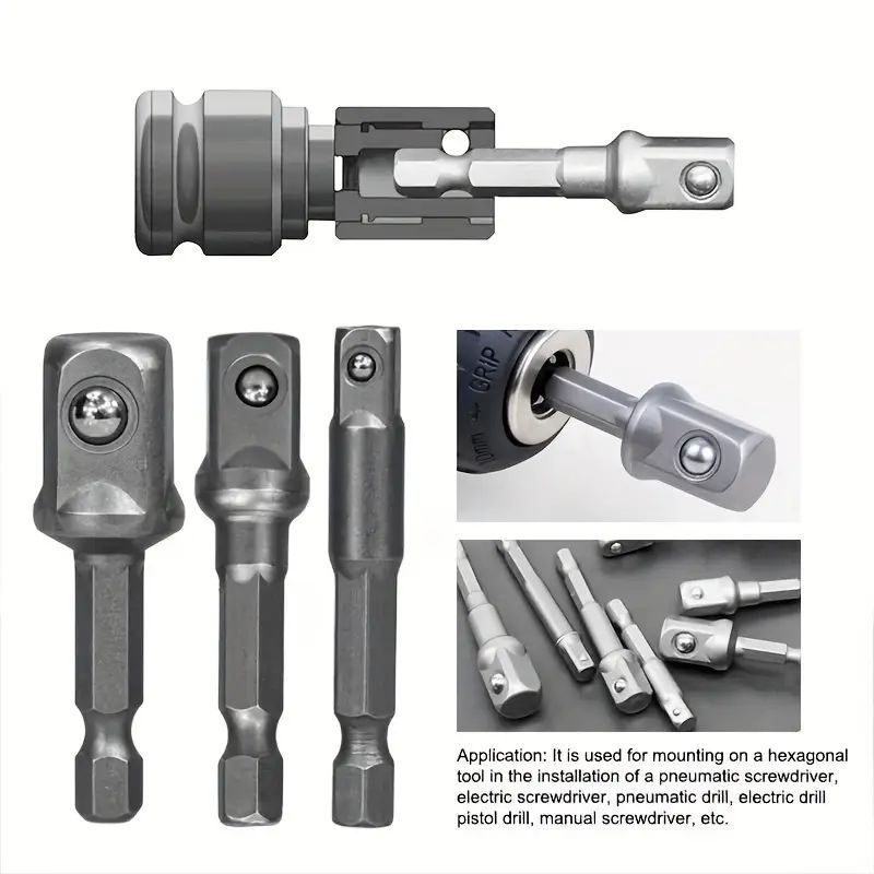 Drill Socket Adapter 1/4" 3/8" 1/2" Drive Universal Joint Extension Impact Driver Hex Shank Tools Convert Any Drill to Socket Wrench