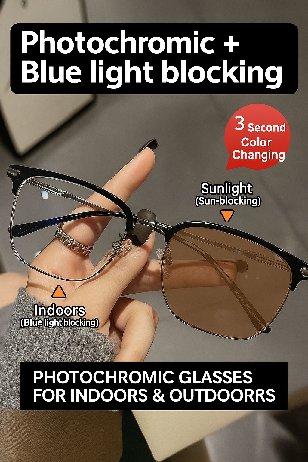 Photochromic Lenses Transition Glasses Smart Color Changing Glasses - Blue Light Blocking + UV Protection |  Light-adaptive lenses Variable tint lenses Auto-tinted Glasses