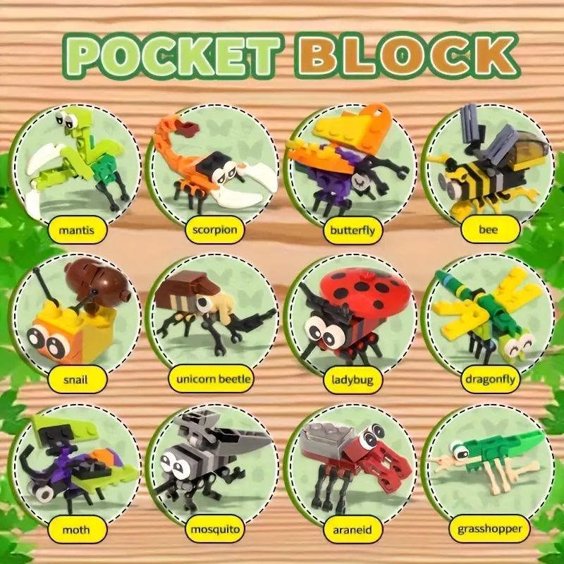 12-in-1 Insect Building Toys Set Mini Animal Figures LEGO-Style Educational Blocks for Kids Mini Bricks Toys Educational STEM Toys Perfect Gift