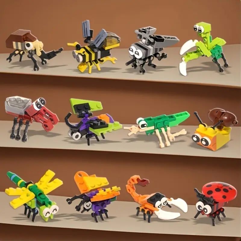 12-in-1 Insect Building Toys Set Mini Animal Figures LEGO-Style Educational Blocks for Kids Mini Bricks Toys Educational STEM Toys Perfect Gift