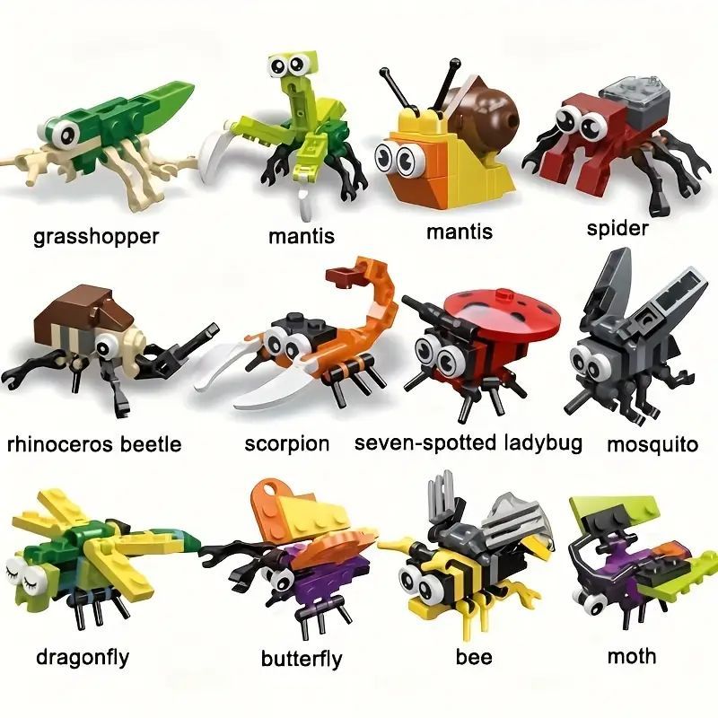 12-in-1 Insect Building Toys Set Mini Animal Figures LEGO-Style Educational Blocks for Kids Mini Bricks Toys Educational STEM Toys Perfect Gift