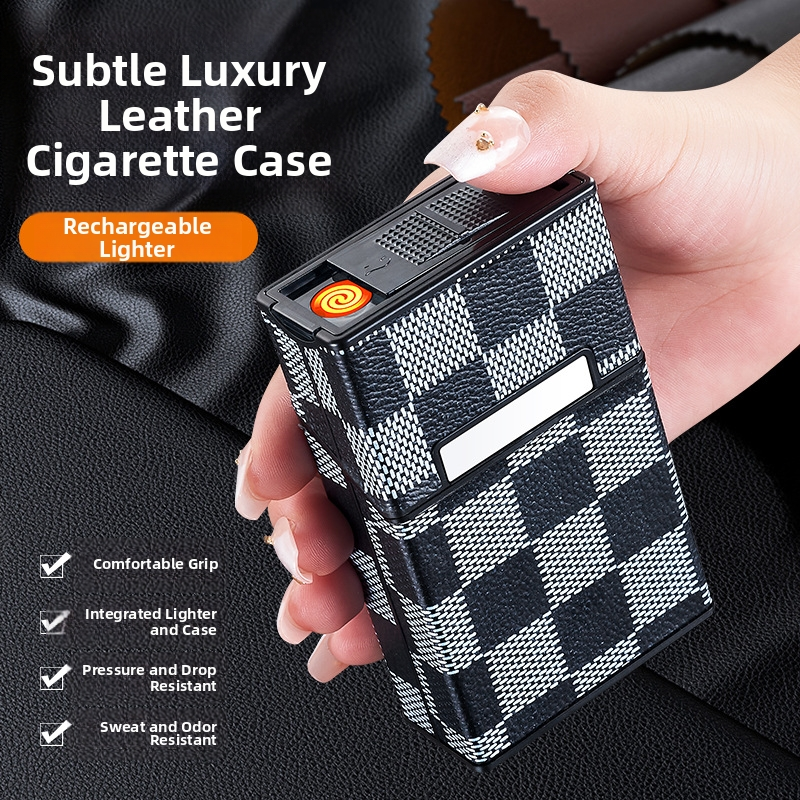 2-in-1 Luxury Leather Cigarette Case & Rechargeable Electric Lighter - 20 Cigarettes Storage Box Windproof Flameless