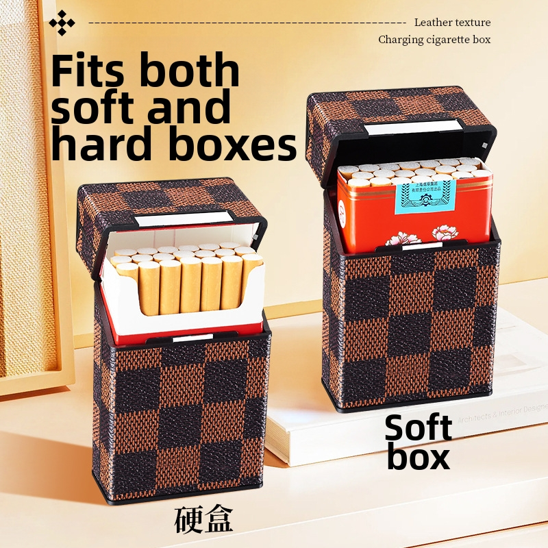 2-in-1 Luxury Leather Cigarette Case & Rechargeable Electric Lighter - 20 Cigarettes Storage Box Windproof Flameless