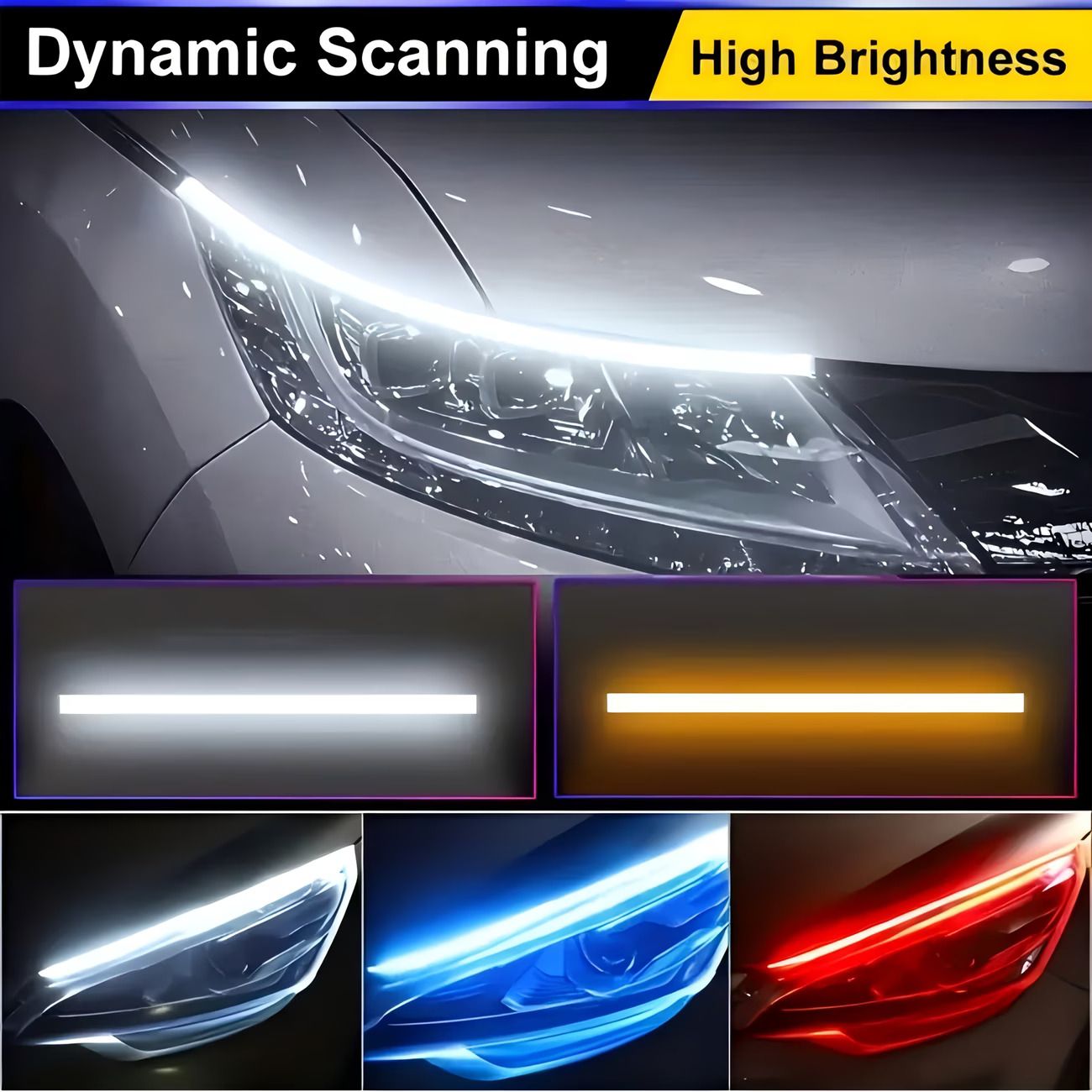 2 pcs Flexible LED Daytime Running Light (DRL) Strip Switchback Sequential Flowing Turn Signal Indicator Cuttable Car Headlight Eyebrow Streaming Lights