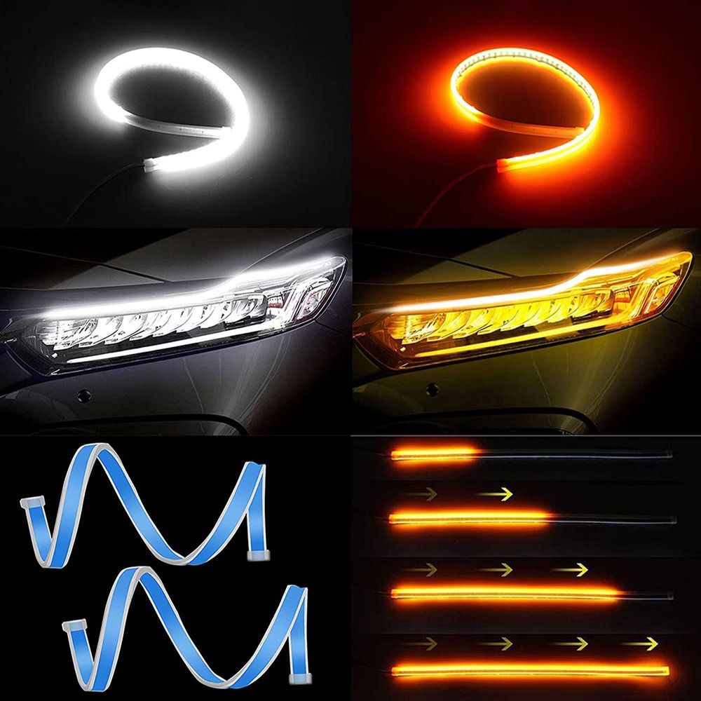2 pcs Flexible LED Daytime Running Light (DRL) Strip Switchback Sequential Flowing Turn Signal Indicator Cuttable Car Headlight Eyebrow Streaming Lights