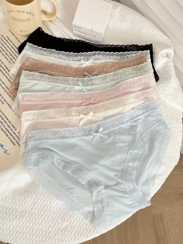7 pcs Seamless Women's Lace Trim Briefs Chupi za Design | Soft Breathable Panties with Bow | Ice Silk | Sweet Feminine Underwear