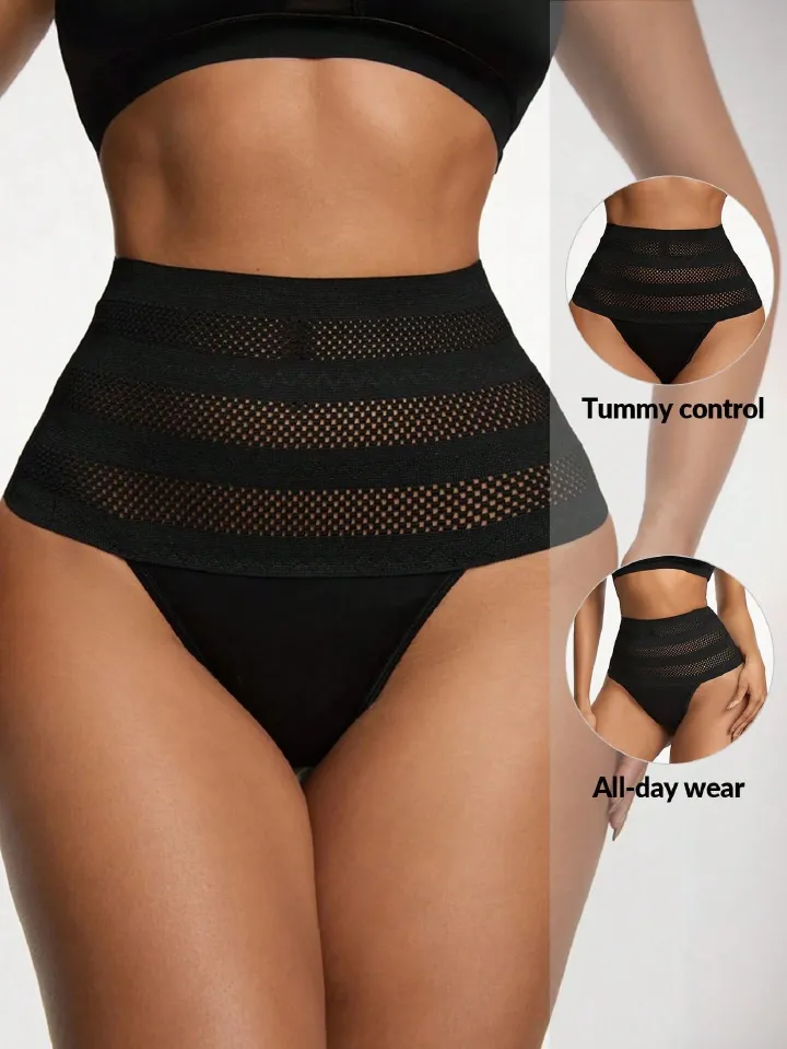 Seamless High Waist Tummy Control Thong Shapewear |  Breathable Mesh Slimming Body Shaper Panty | Waist Trainer Cincher Underwear | Invisible Under Clothes | Tummy Tucker Wedding Shapear