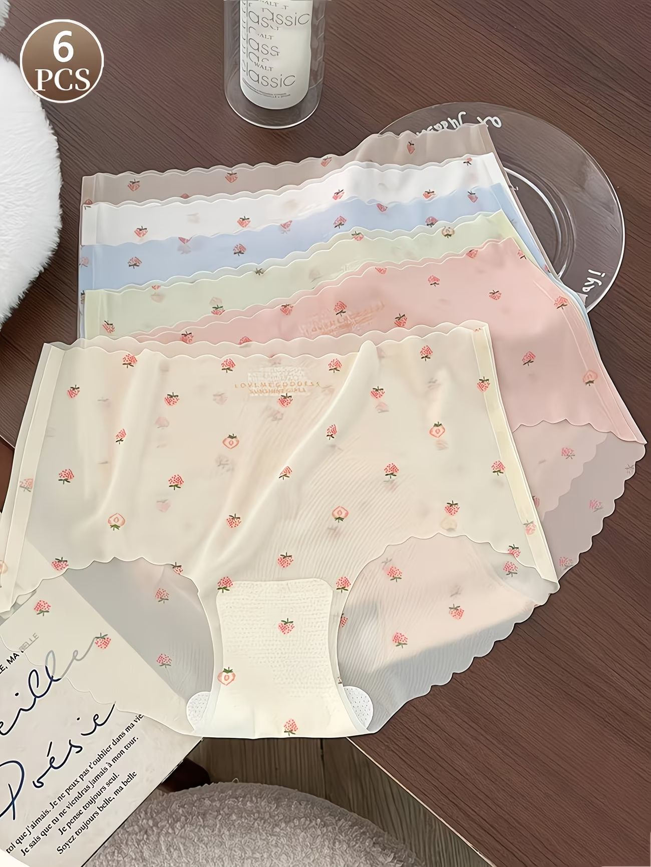 6PCS Seamless Ice Silk Women Panties Strawberry Print Breathable Soft Briefs Ladies Underwear Ladies Briefs