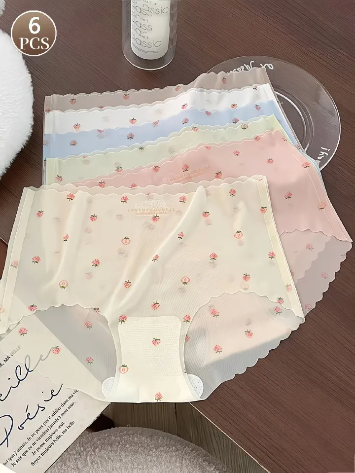6PCS Seamless Ice Silk Women Panties Strawberry Print Breathable Soft Briefs Ladies Underwear Ladies Briefs