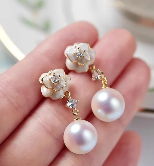Women's Pearl Earrings - Camellia Flower Dangle Drop Earrings Gold Plated with Crystal - Bridal Wedding Party Fashion Jewelry