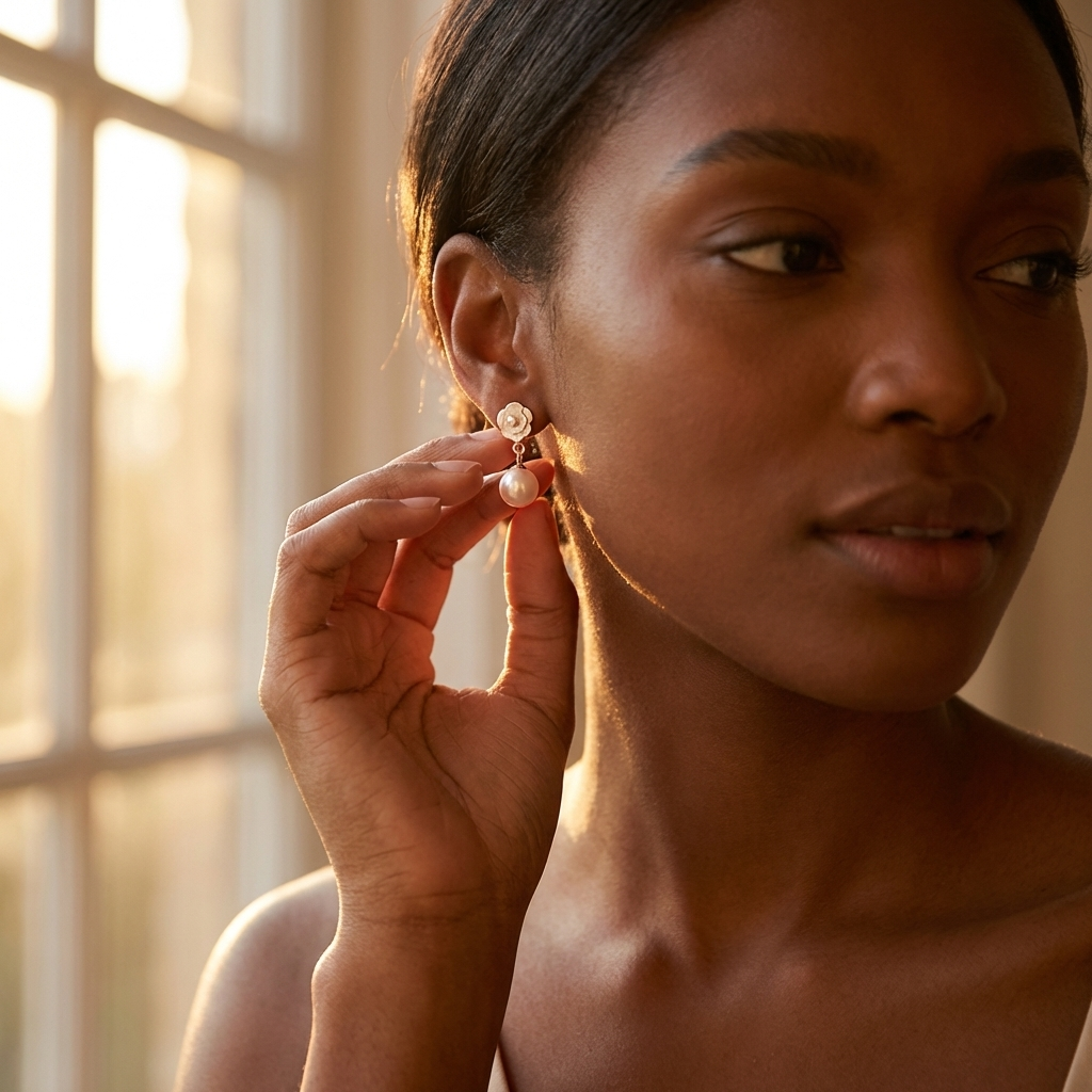 Women's Pearl Earrings - Camellia Flower Dangle Drop Earrings Gold Plated with Crystal - Bridal Wedding Party Fashion Jewelry