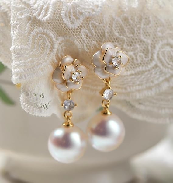 Women's Pearl Earrings - Camellia Flower Dangle Drop Earrings Gold Plated with Crystal - Bridal Wedding Party Fashion Jewelry