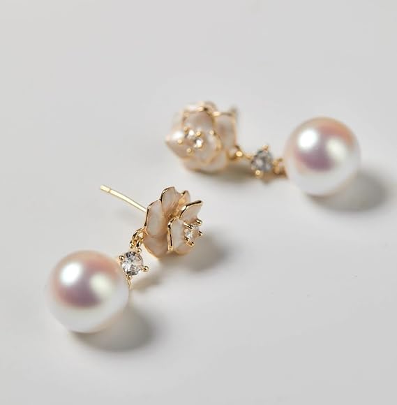 Women's Pearl Earrings - Camellia Flower Dangle Drop Earrings Gold Plated with Crystal - Bridal Wedding Party Fashion Jewelry