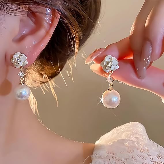 Women's Pearl Earrings - Camellia Flower Dangle Drop Earrings Gold Plated with Crystal - Bridal Wedding Party Fashion Jewelry