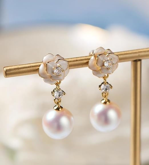 Women's Pearl Earrings - Camellia Flower Dangle Drop Earrings Gold Plated with Crystal - Bridal Wedding Party Fashion Jewelry