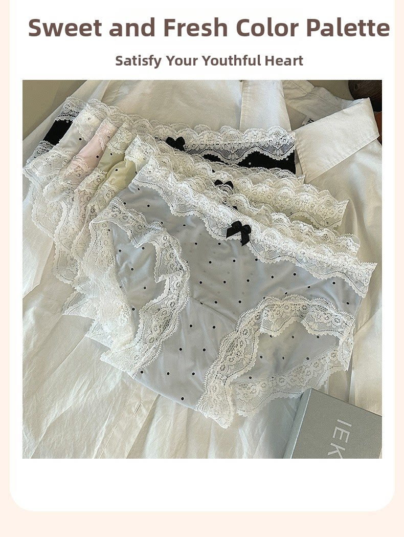6 pcs Seamless Women's Retro Lace Ice Silk Panties – Mid-Waist Polka Dot Briefs with Cotton Crotch, Breathable Teenage Underwear, Sweet Bow Accent