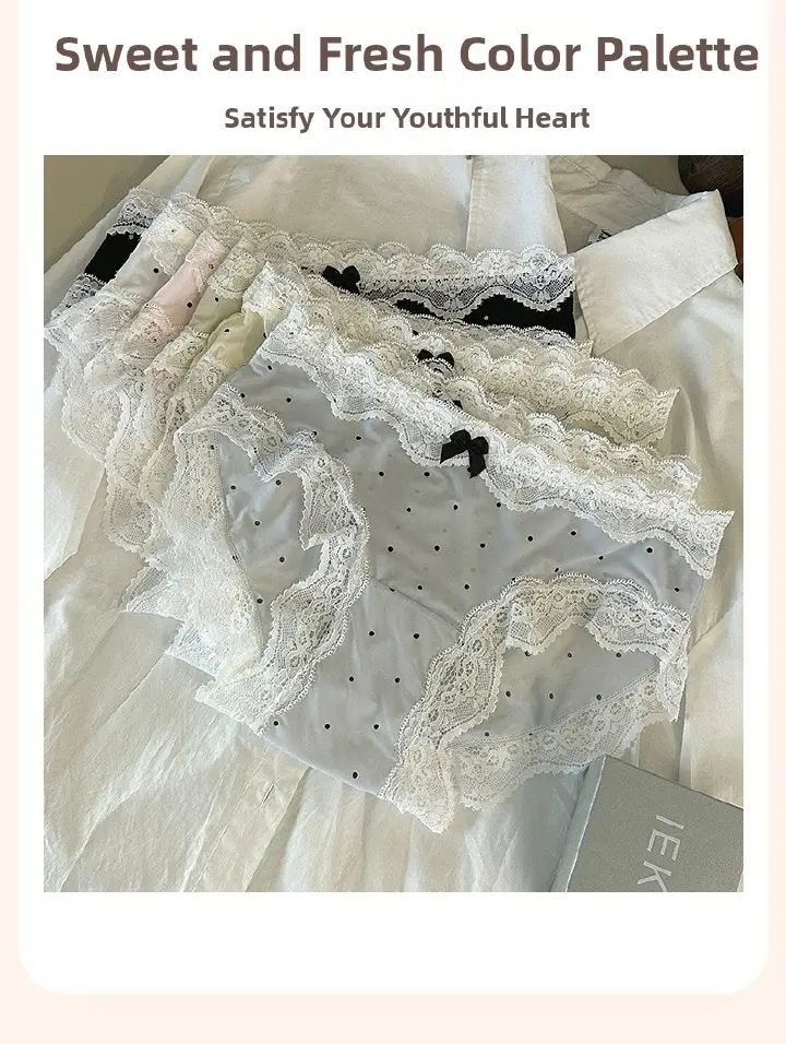 6 pcs Seamless Women's Retro Lace Ice Silk Panties – Mid-Waist Polka Dot Briefs with Cotton Crotch, Breathable Teenage Underwear, Sweet Bow Accent