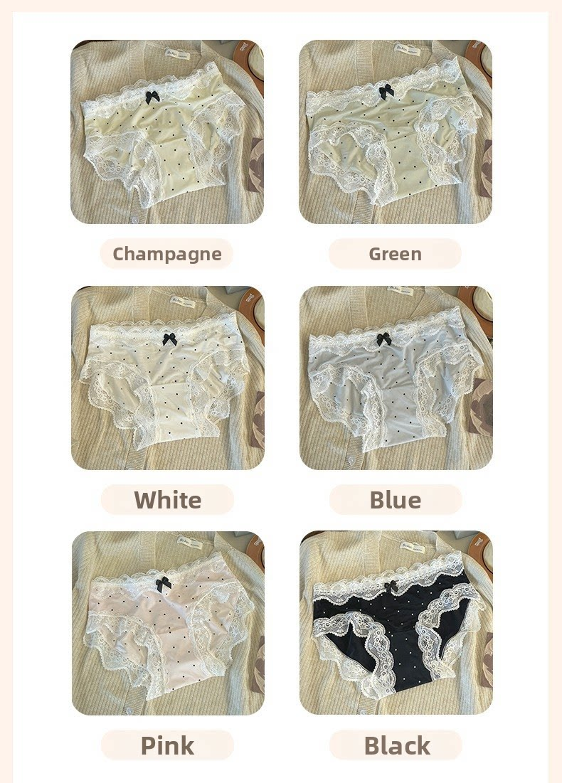 6 pcs Seamless Women's Retro Lace Ice Silk Panties – Mid-Waist Polka Dot Briefs with Cotton Crotch, Breathable Teenage Underwear, Sweet Bow Accent
