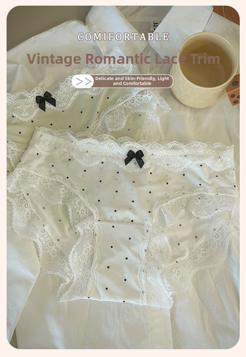 6 pcs Seamless Women's Retro Lace Ice Silk Panties – Mid-Waist Polka Dot Briefs with Cotton Crotch, Breathable Teenage Underwear, Sweet Bow Accent