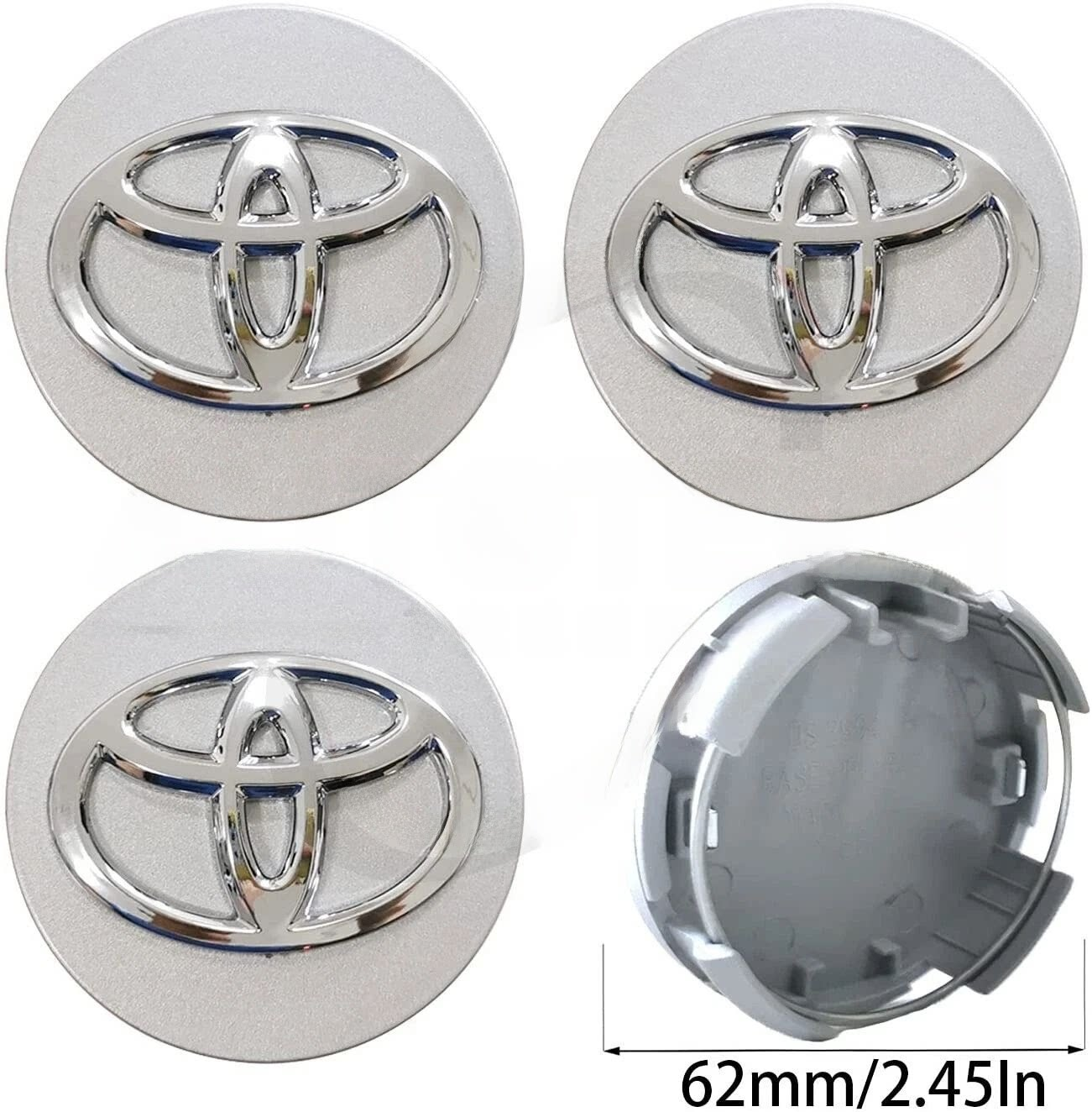 Toyota Wheel Center Hub Caps 62mm Set of 4 - Fits Premio Allion Axio Fielder Corolla Camry Avalon RAV4 Highlander Vitz Passo - Silver Chrome Logo Rim Cover