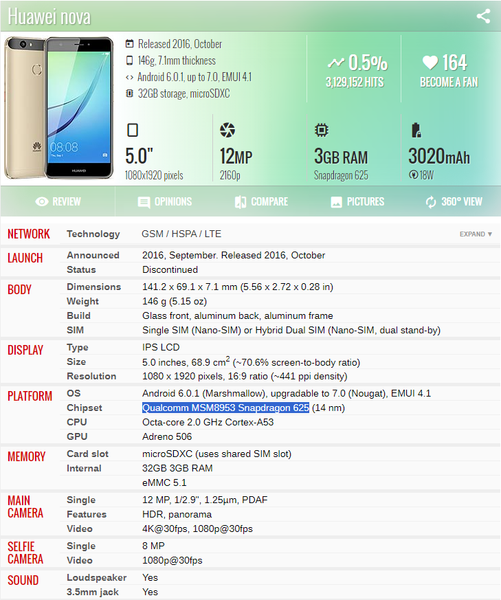 Refurbished Huawei nova 5.0inch 4GB+128GB -Dual SIM-3020mAh- Smartphone Android 8.0 12MP+8MP huawei phone