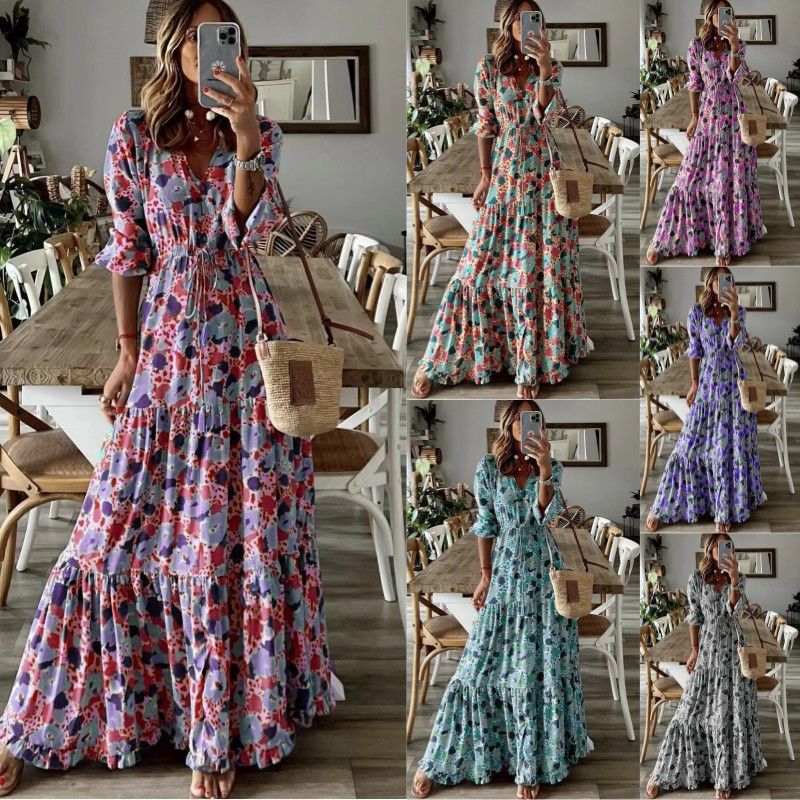 TEMU Summer New European and American Women's Elegant Vacation V-Neck Printed Large Pendulum Long dress Daily Casual Loose 2025