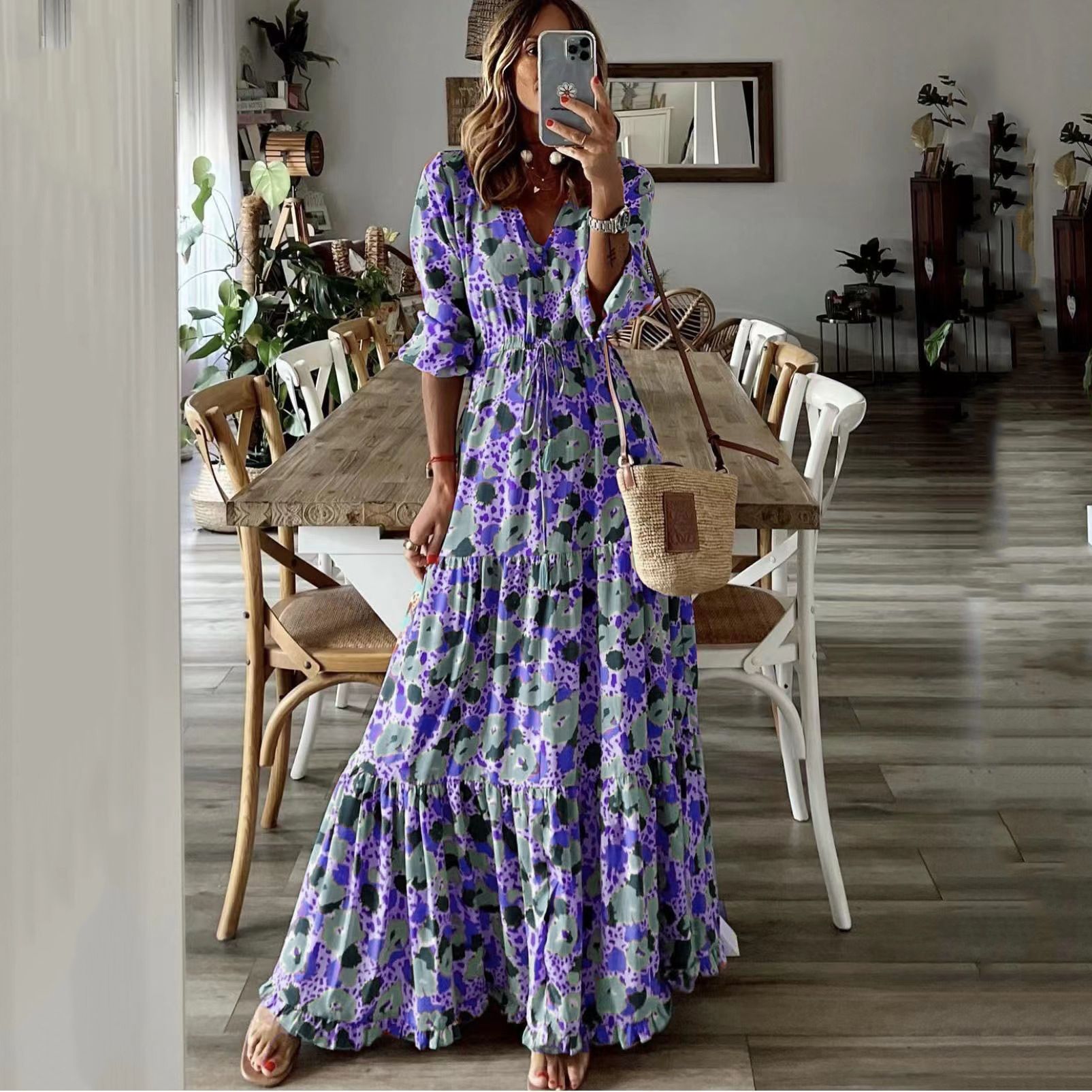 TEMU Summer New European and American Women's Elegant Vacation V-Neck Printed Large Pendulum Long dress Daily Casual Loose 2025