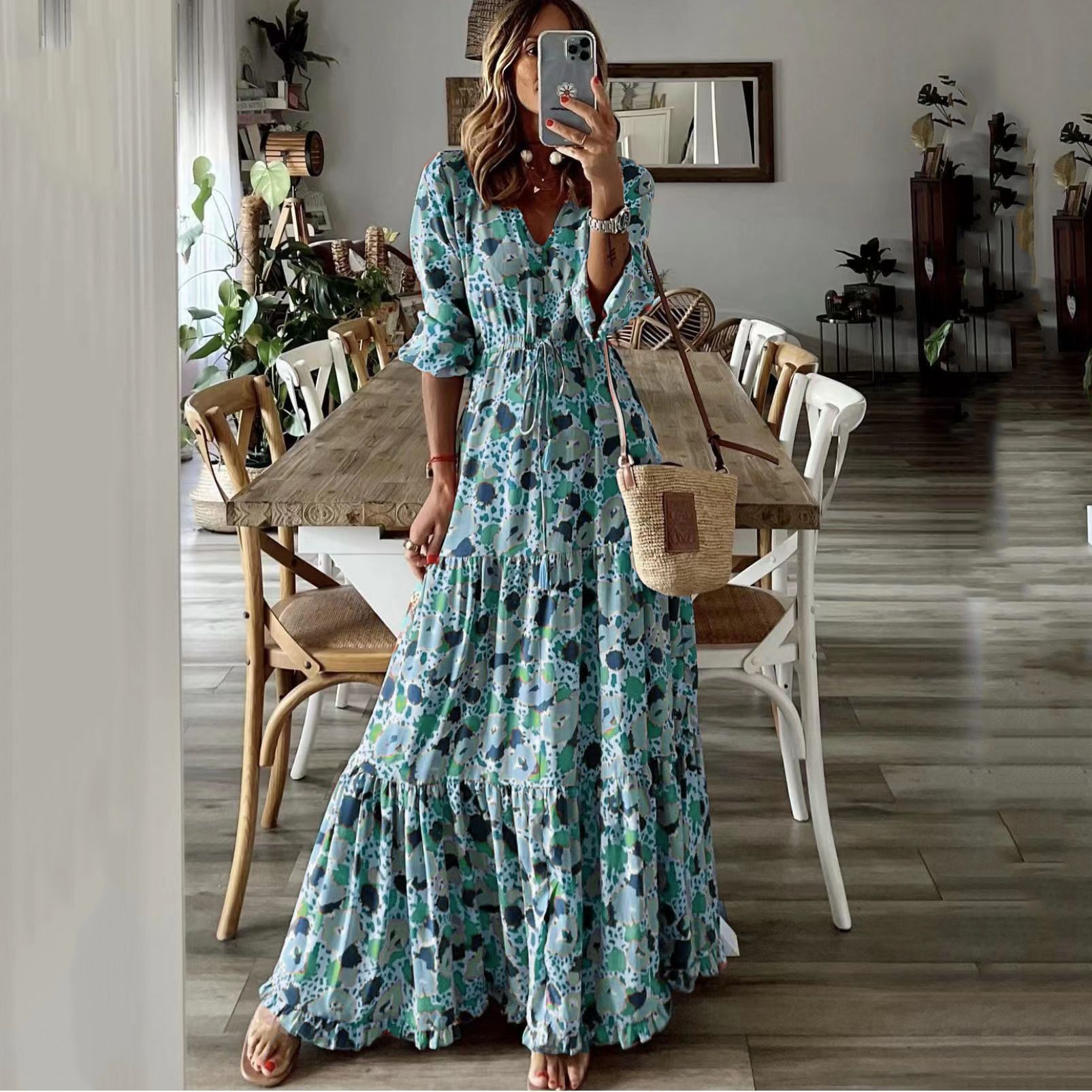 TEMU Summer New European and American Women's Elegant Vacation V-Neck Printed Large Pendulum Long dress Daily Casual Loose 2025