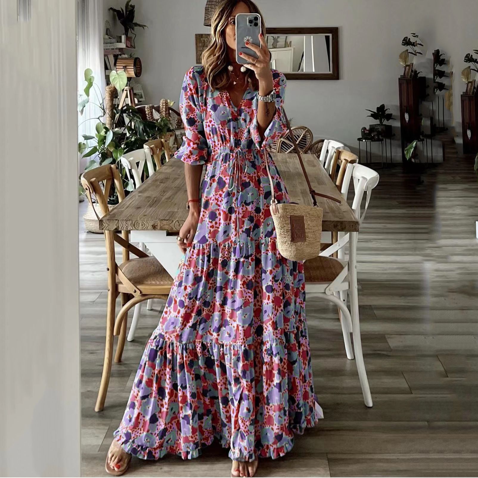 TEMU Summer New European and American Women's Elegant Vacation V-Neck Printed Large Pendulum Long dress Daily Casual Loose 2025