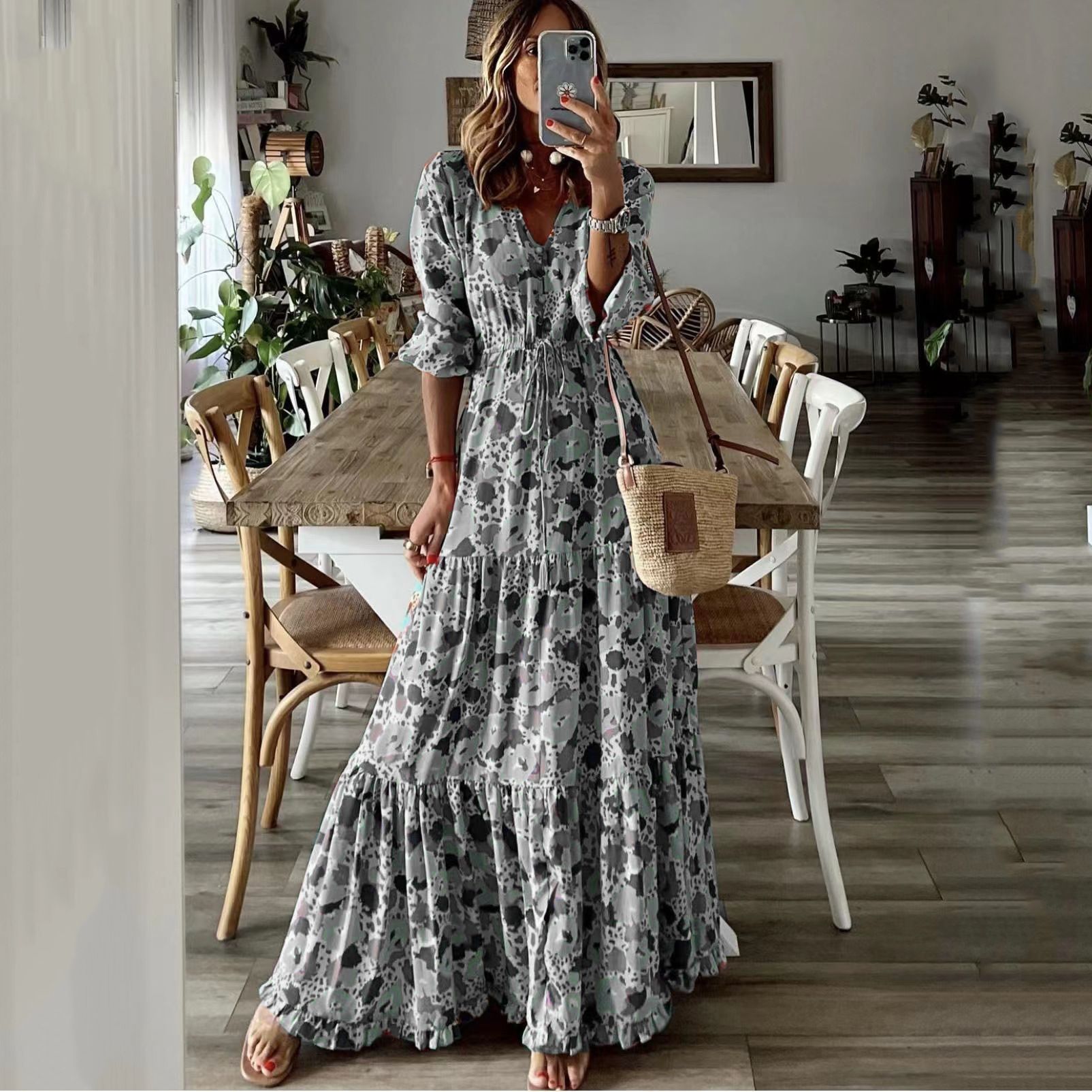 TEMU Summer New European and American Women's Elegant Vacation V-Neck Printed Large Pendulum Long dress Daily Casual Loose 2025
