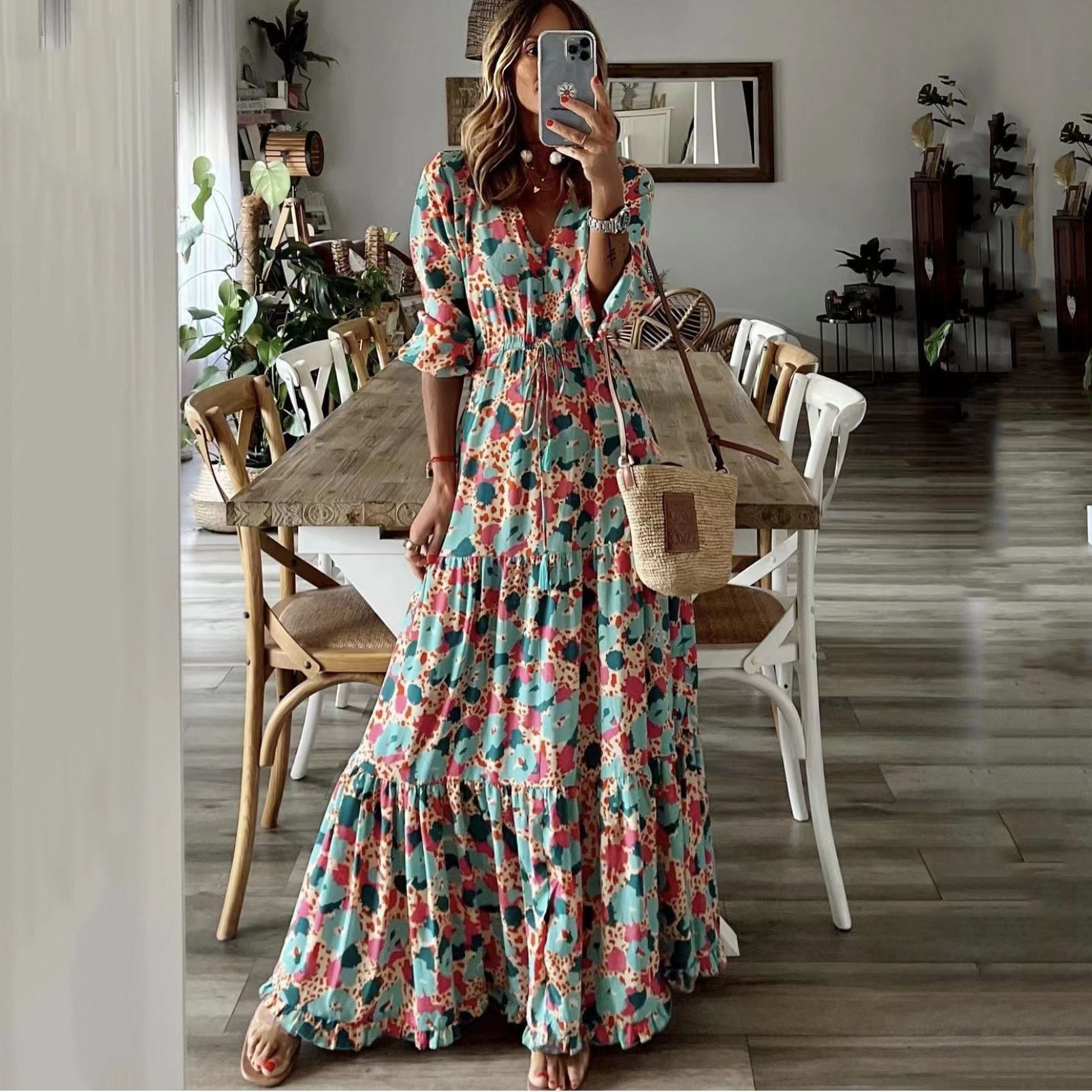 TEMU Summer New European and American Women's Elegant Vacation V-Neck Printed Large Pendulum Long dress Daily Casual Loose 2025
