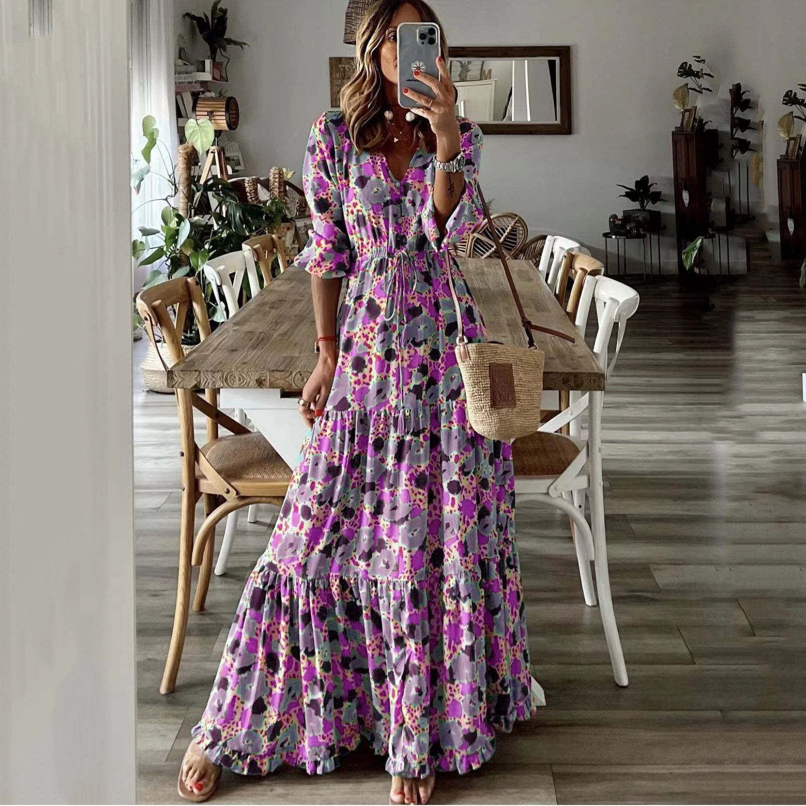 TEMU Summer New European and American Women's Elegant Vacation V-Neck Printed Large Pendulum Long dress Daily Casual Loose 2025