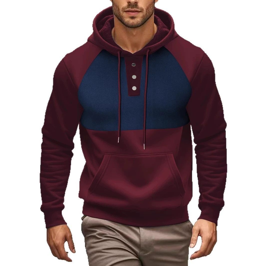 European and American new casual men's hooded sweatshirt with contrasting color splicing and plush jacket, loose and fashionable, youthful and energetic, sunny