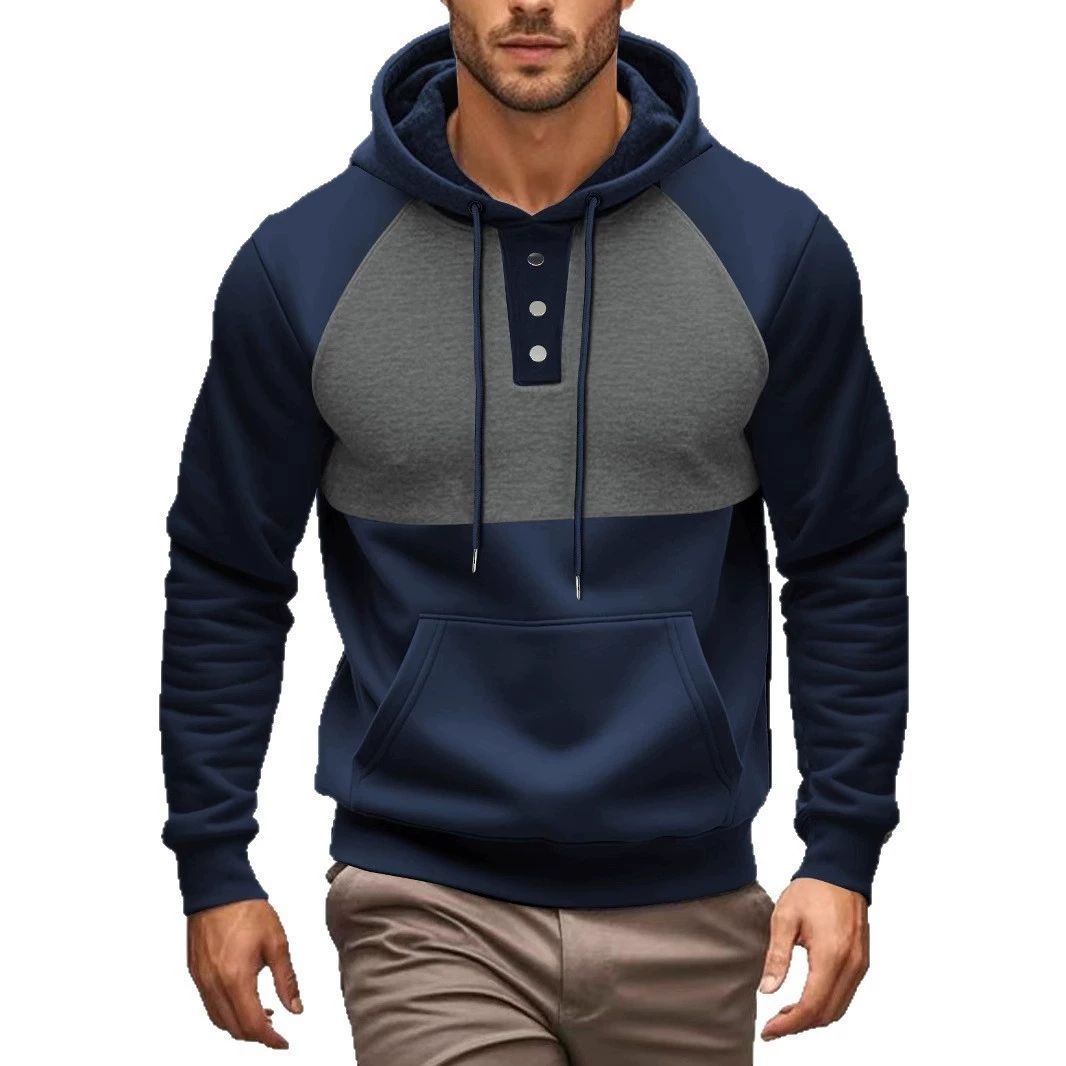 European and American new casual men's hooded sweatshirt with contrasting color splicing and plush jacket, loose and fashionable, youthful and energetic, sunny