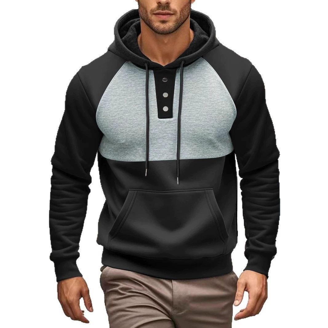 European and American new casual men's hooded sweatshirt with contrasting color splicing and plush jacket, loose and fashionable, youthful and energetic, sunny