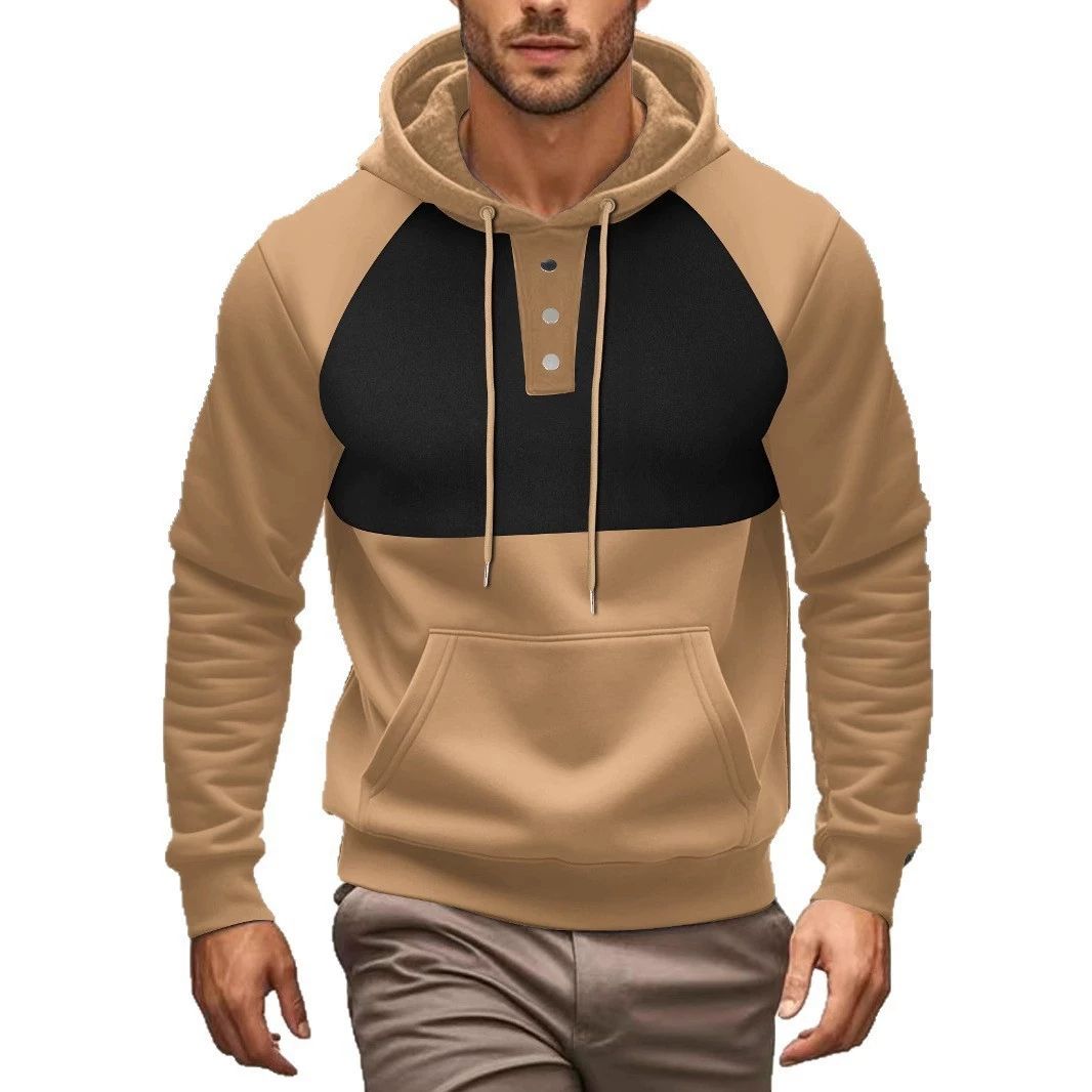 European and American new casual men's hooded sweatshirt with contrasting color splicing and plush jacket, loose and fashionable, youthful and energetic, sunny