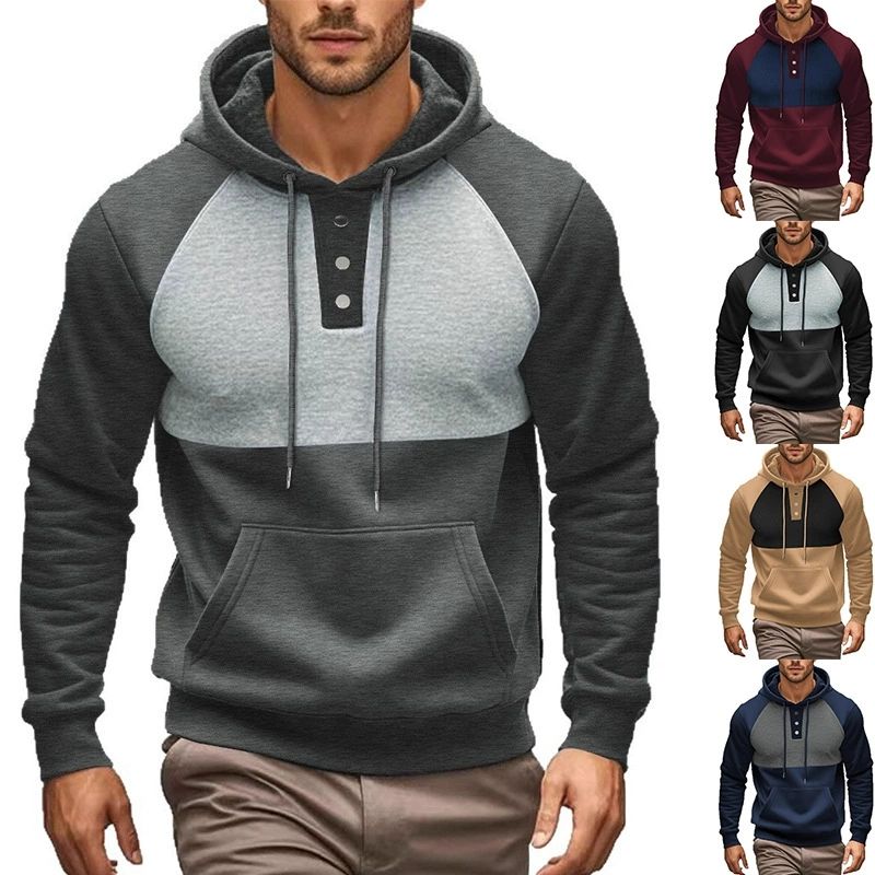 European and American new casual men's hooded sweatshirt with contrasting color splicing and plush jacket, loose and fashionable, youthful and energetic, sunny