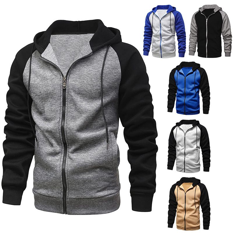 Fashion Casual New Coat Color-blocking Zipper Shirt Velvet Men's Hoodie Sweater Large Size Casual Top Europe and America