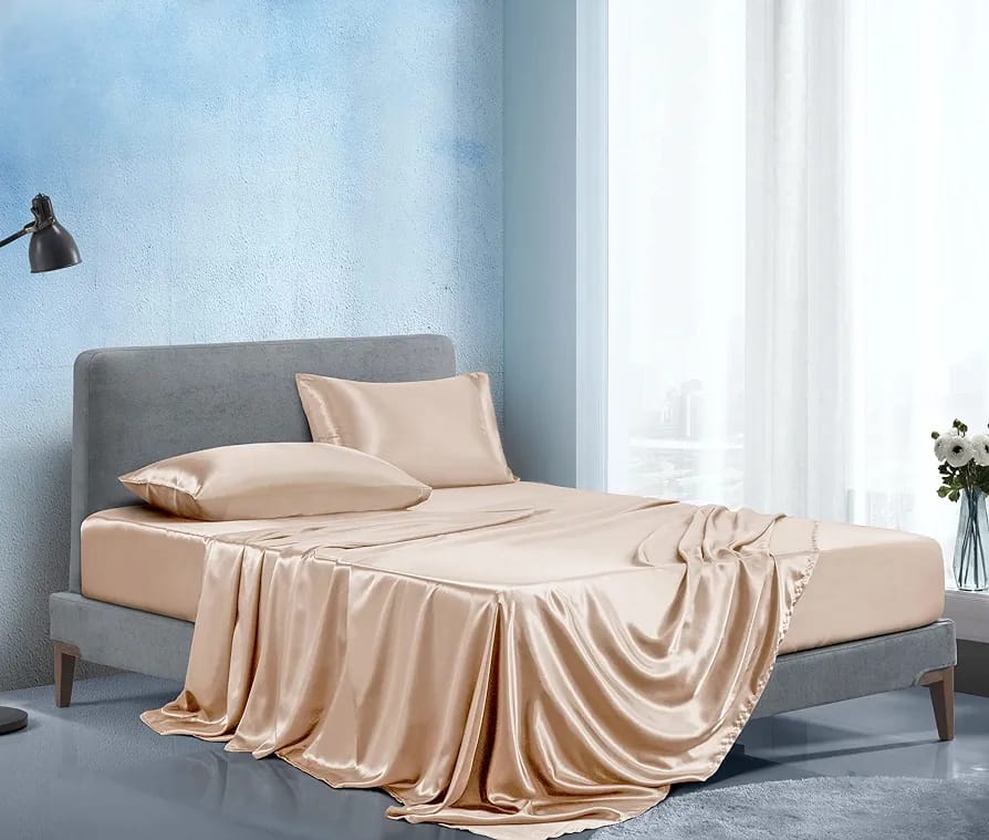 King size-Luxury Silky soft Extremely Breathable Anti-static Mulberry Fitted Bedsheets (1 Flat Silk Bedsheet, 1 Fitted Silk bedsheet, 4 Pillow cases)