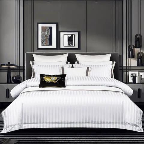 Luxury Cotton Satin Stripped Duvet cover set Soft, fluffy, durable and breathable Microfiber material suitable for all seasons (1Duvet cover,1 Bedsheet and 2Pillow cases)
