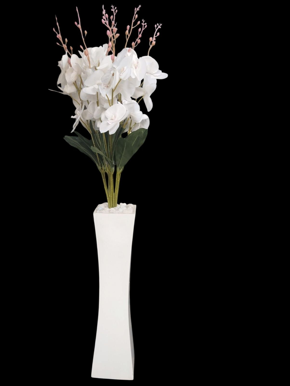 Handmade Wooden Vase / Planter with  Artificial Green Plant  with White Flowers For Home Decor (COMES ASSEMBLED AS SHOWN ON THE PICTURE)