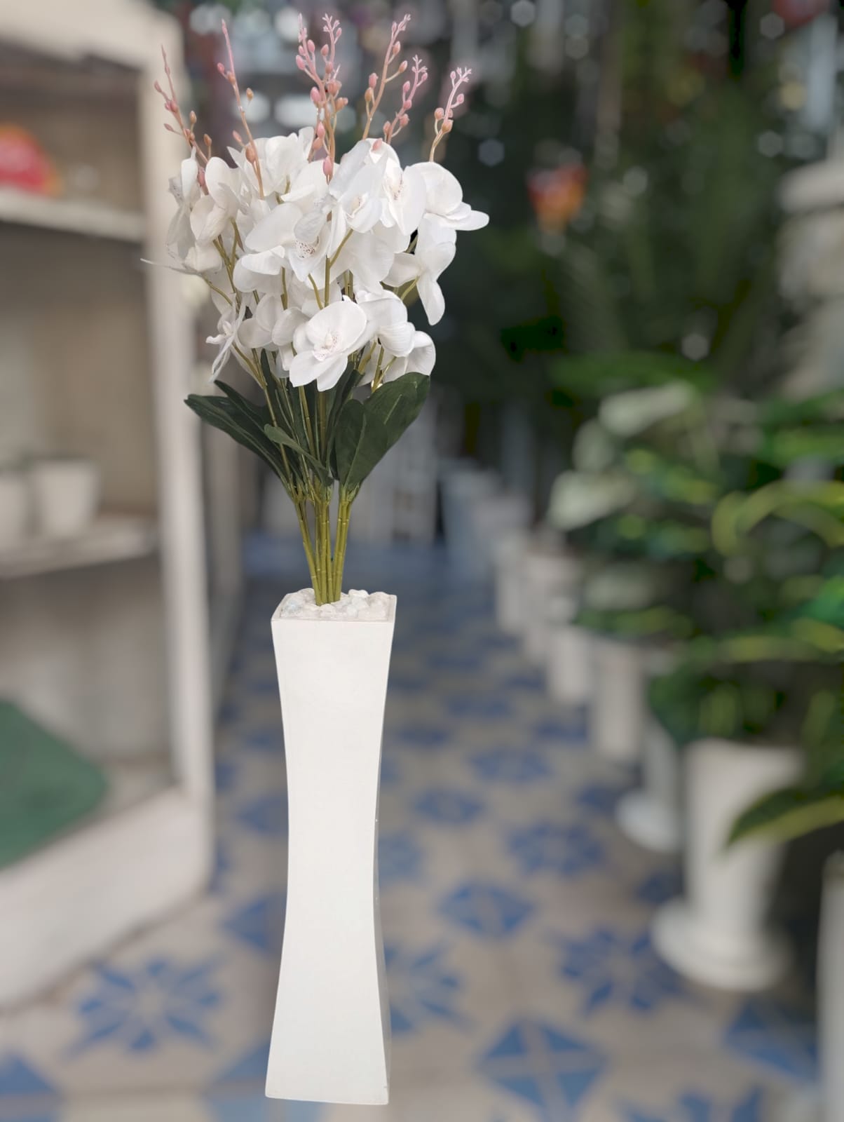 Handmade Wooden Vase / Planter with  Artificial Green Plant  with White Flowers For Home Decor (COMES ASSEMBLED AS SHOWN ON THE PICTURE)