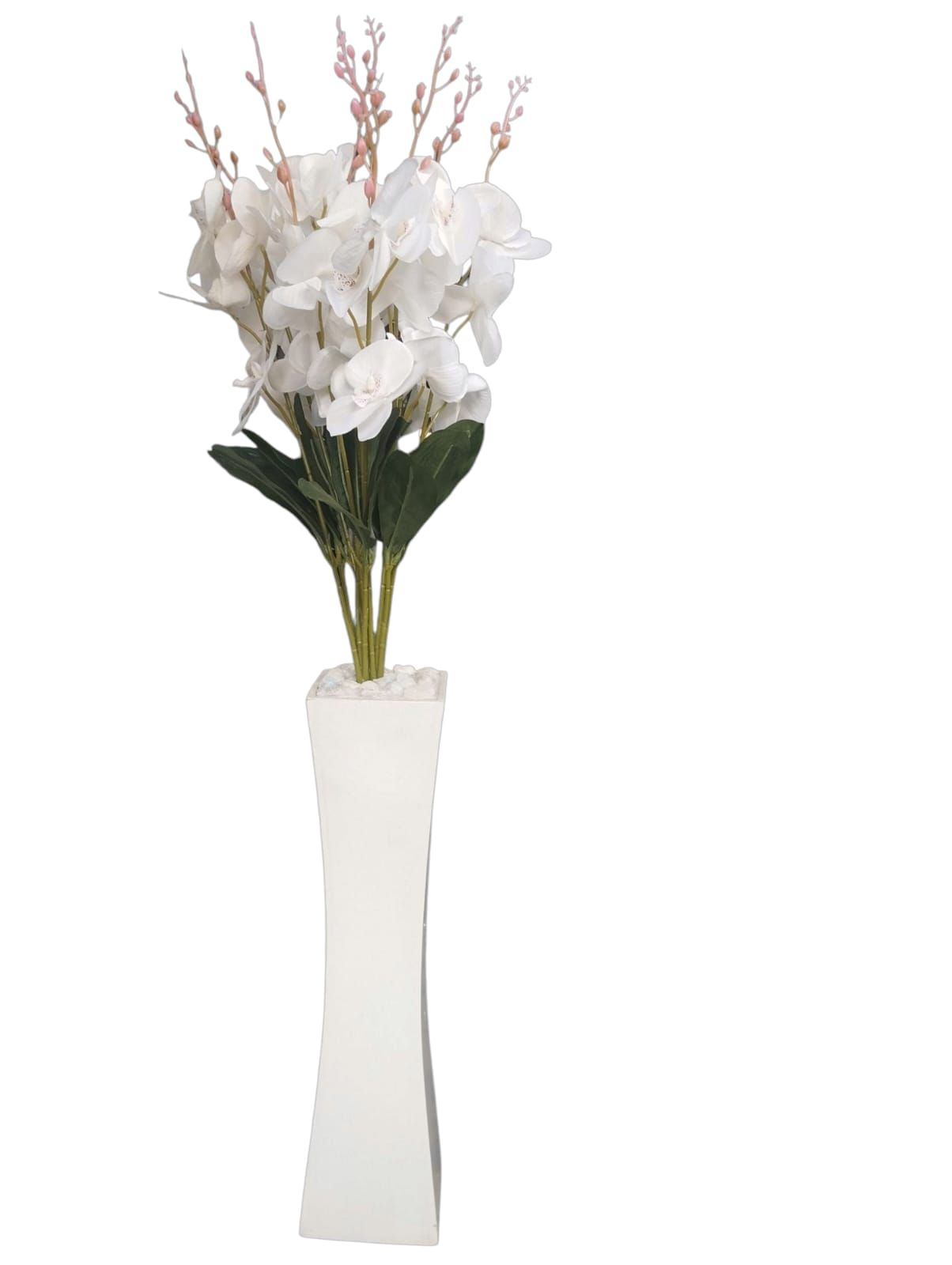 Handmade Wooden Vase / Planter with  Artificial Green Plant  with White Flowers For Home Decor (COMES ASSEMBLED AS SHOWN ON THE PICTURE)
