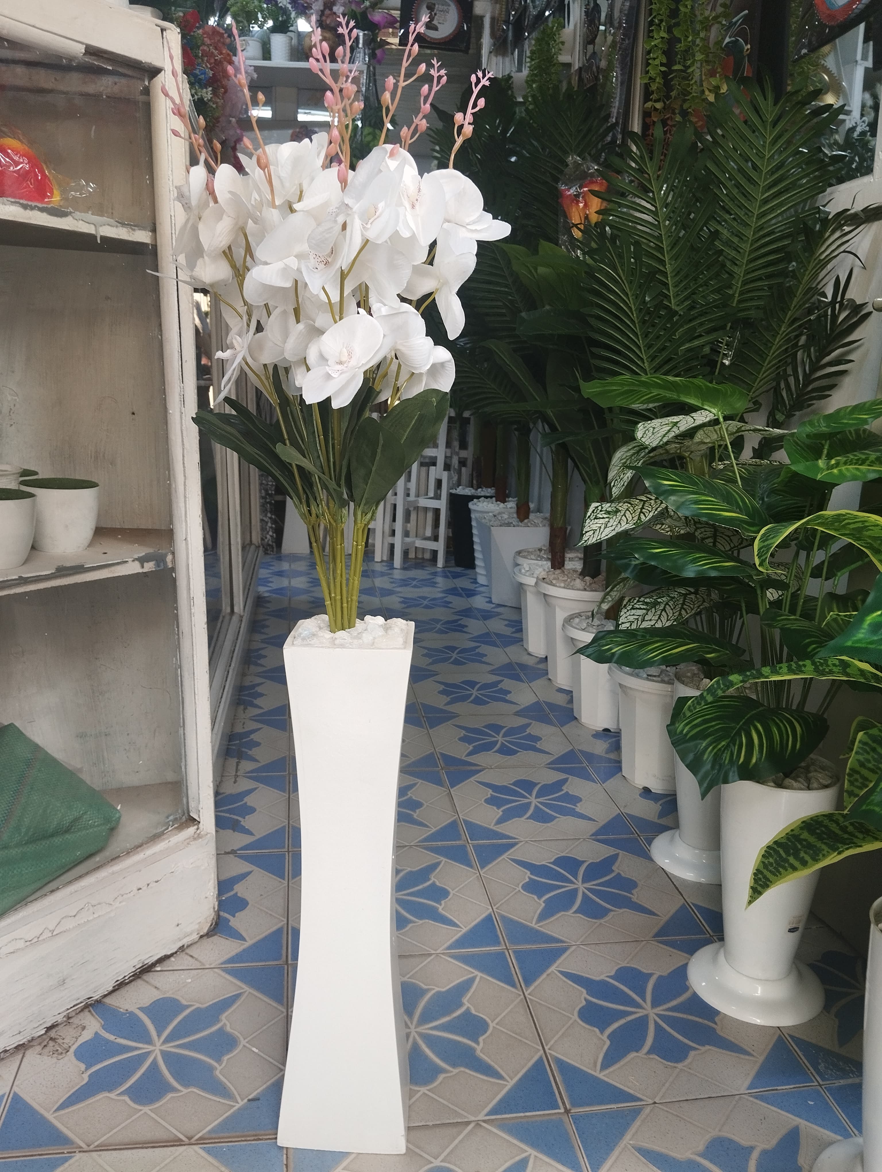 Handmade Wooden Vase / Planter with  Artificial Green Plant  with White Flowers For Home Decor (COMES ASSEMBLED AS SHOWN ON THE PICTURE)